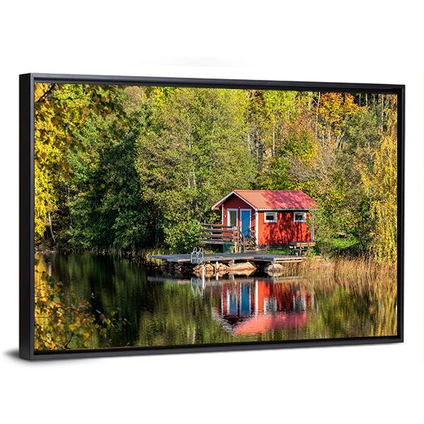 Red Little Cabin At Lake In Sweden Canvas Wall Art-3 Horizontal-Gallery Wrap-25" x 16"-Tiaracle