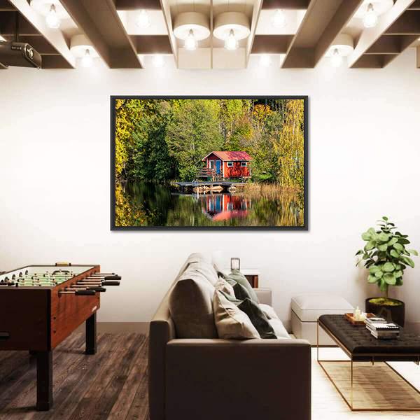 Red Little Cabin At Lake In Sweden Canvas Wall Art-3 Horizontal-Gallery Wrap-25" x 16"-Tiaracle
