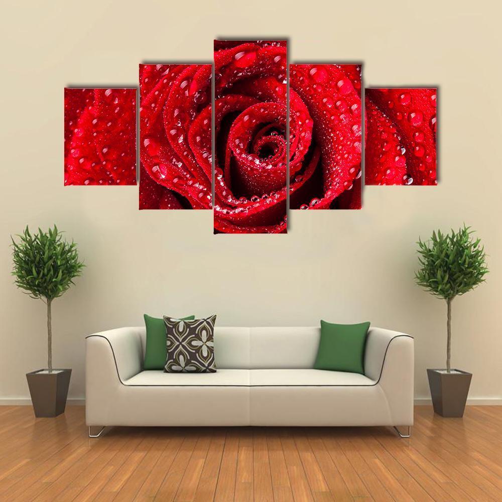Red Rose With Dew Drops Canvas Wall Art-5 Star-Gallery Wrap-62" x 32"-Tiaracle