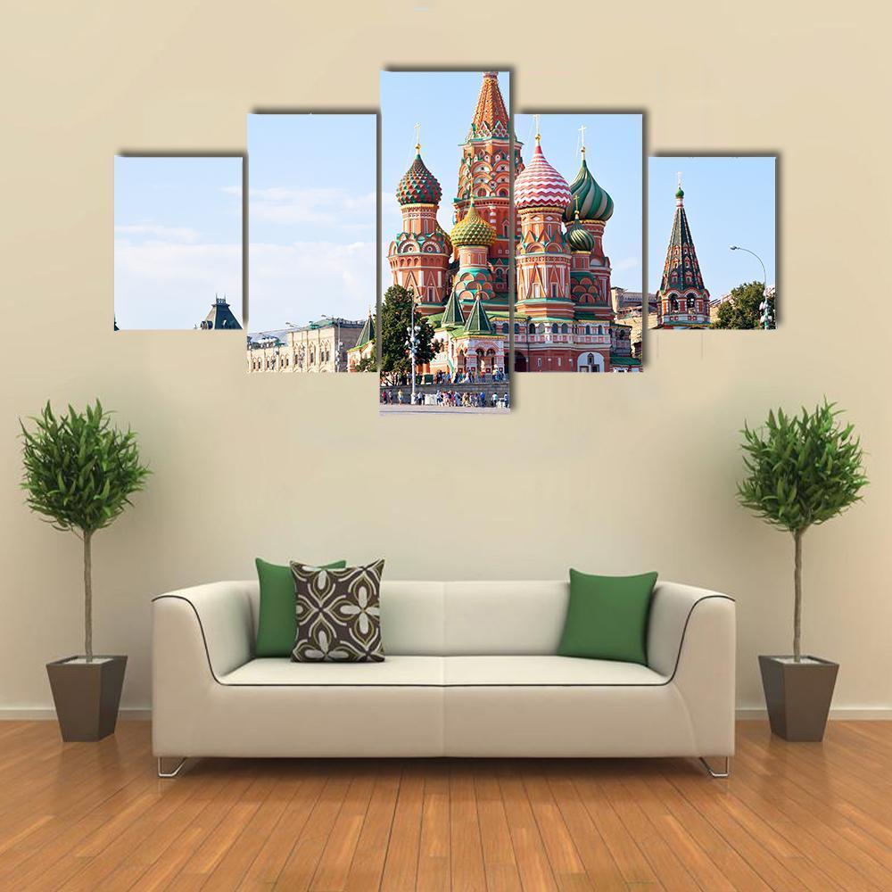 Red Square With Vasilevsky Descent In Moscow Canvas Wall Art-5 Star-Gallery Wrap-62" x 32"-Tiaracle