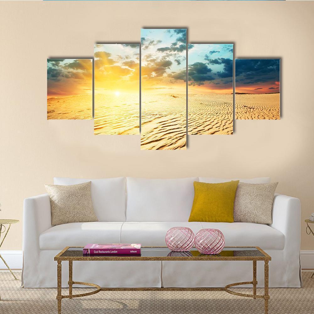 Red Sunset In A Desert With Dunes Canvas Wall Art-5 Star-Gallery Wrap-62" x 32"-Tiaracle