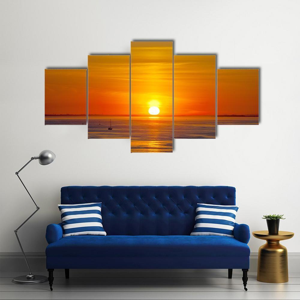 Red Sunset Over The Sea Canvas Wall Art-5 Star-Gallery Wrap-62" x 32"-Tiaracle
