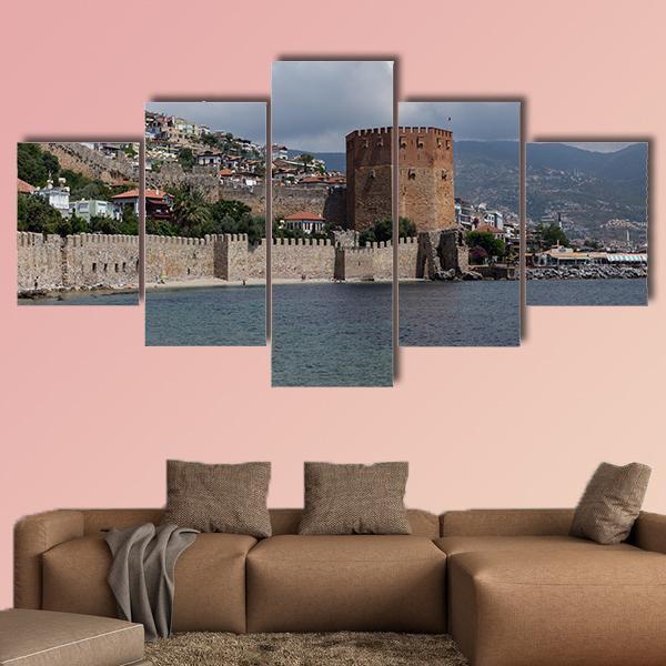 Red Tower And Castle Wall Of Alanya In Turkey Canvas Wall Art-5 Star-Gallery Wrap-62" x 32"-Tiaracle