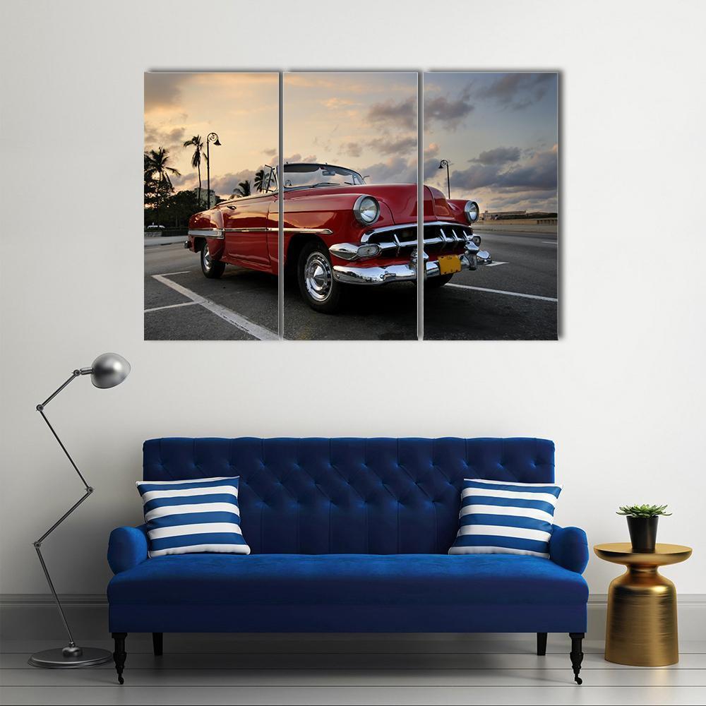 Red Vintage Car Parked In Havana Street Canvas Wall Art-3 Horizontal-Gallery Wrap-37" x 24"-Tiaracle