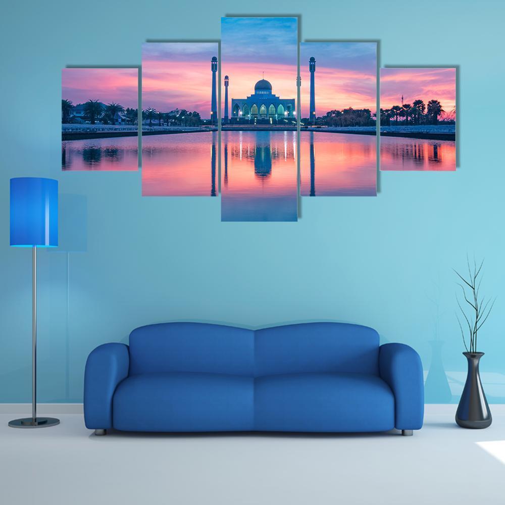 Reflection Of Mosque In Lake Canvas Wall Art-5 Star-Gallery Wrap-62" x 32"-Tiaracle