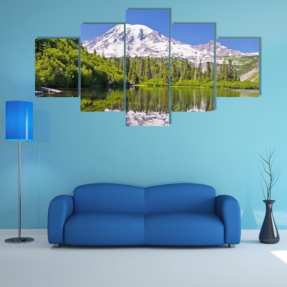 Reflection Of Mt Rainier From Bench Lake Canvas Wall Art-5 Star-Gallery Wrap-62" x 32"-Tiaracle