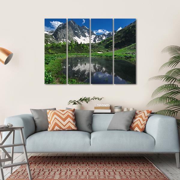 Reflection Of Snow Mountain Canvas Wall Art-4 Horizontal-Gallery Wrap-34" x 24"-Tiaracle