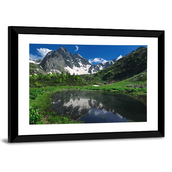 Reflection Of Snow Mountain Canvas Wall Art-3 Horizontal-Gallery Wrap-25" x 16"-Tiaracle