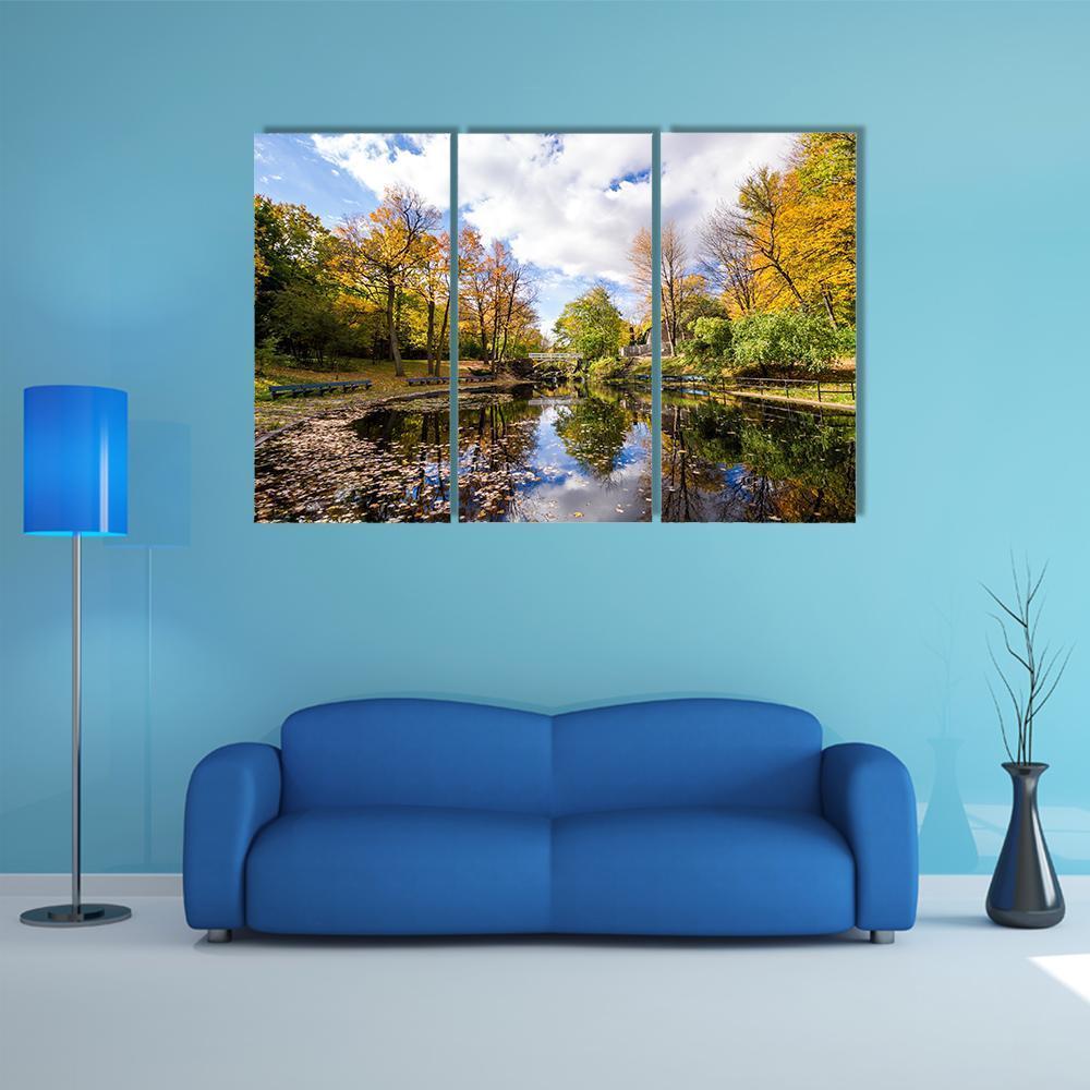 Reflection Of Trees In A Small Lake Canvas Wall Art-3 Horizontal-Gallery Wrap-37" x 24"-Tiaracle