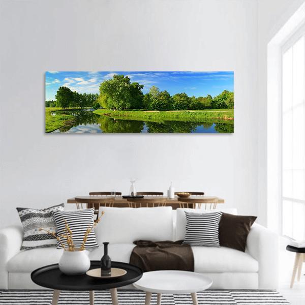 Green Fields With Lake Panoramic Canvas Wall Art-1 Piece-36" x 12"-Tiaracle