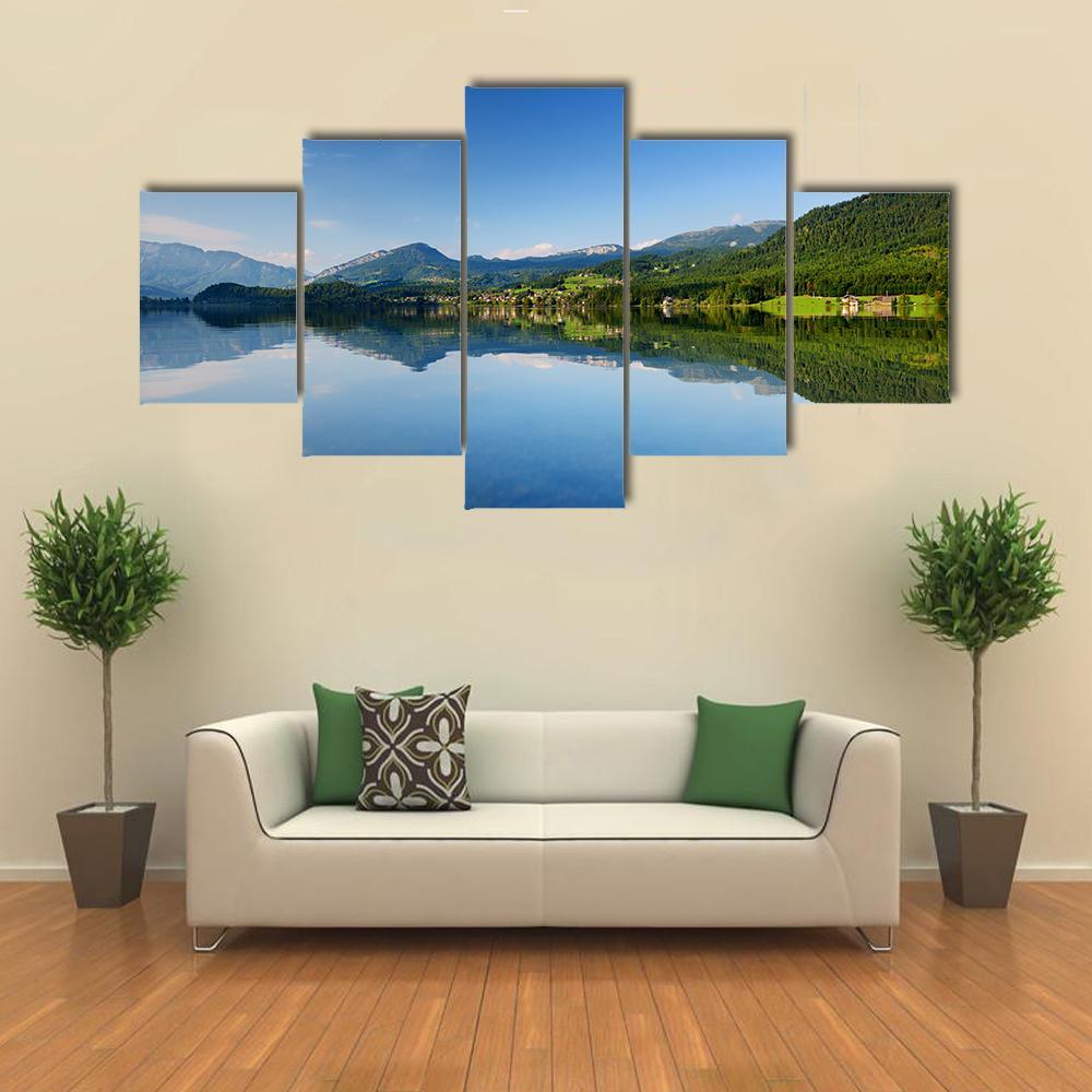 Reflections In Calm Waters Of Hallstatt Lake Canvas Wall Art-5 Star-Gallery Wrap-62" x 32"-Tiaracle