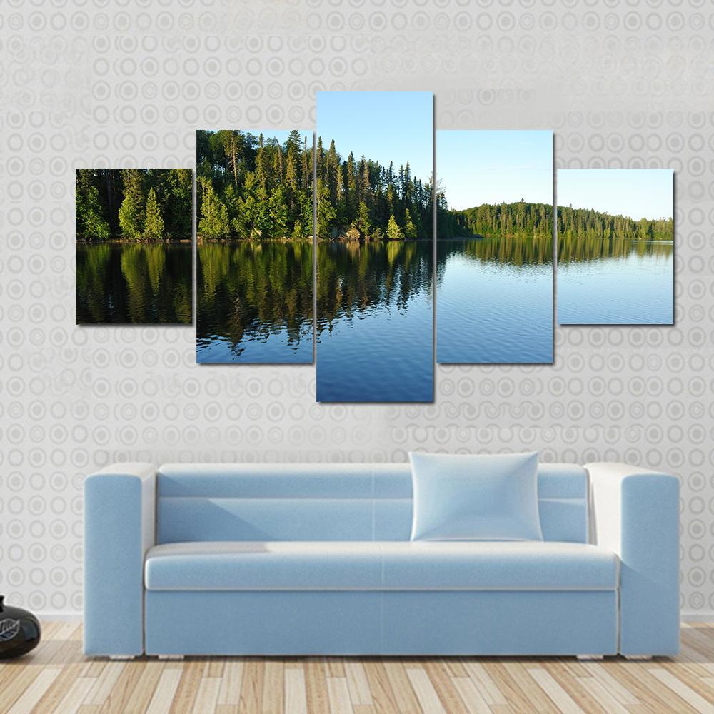 Reflections On The Coniferous Forest On A Wilderness Lake Canvas Wall Art-5 Star-Gallery Wrap-62" x 32"-Tiaracle