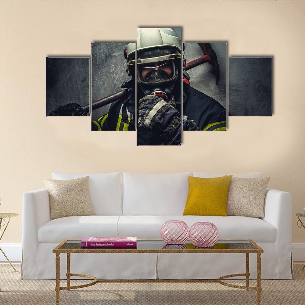 Rescue Firefighter In Safe Helmet Canvas Wall Art-5 Star-Gallery Wrap-62" x 32"-Tiaracle