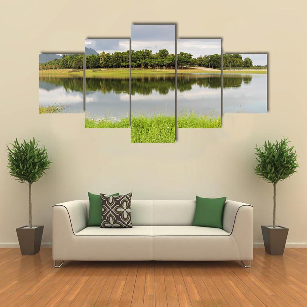 Reservoir With Green Grass Meadow Canvas Wall Art-5 Star-Gallery Wrap-62" x 32"-Tiaracle
