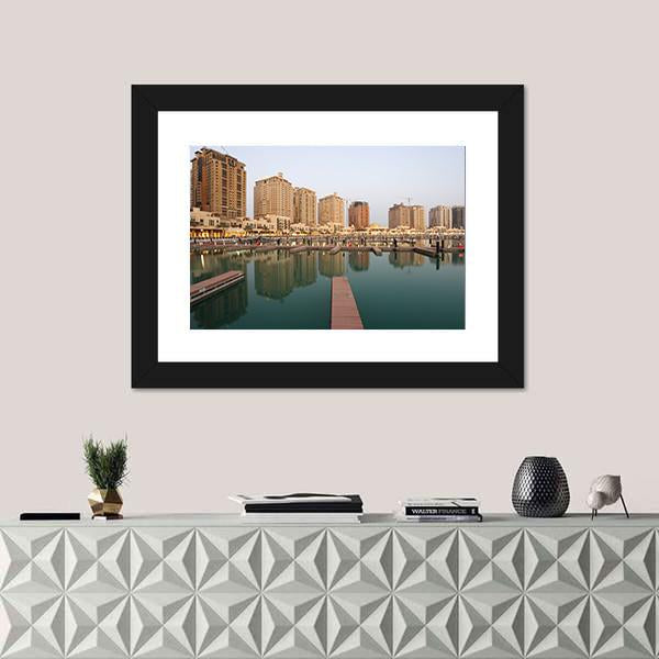 Residential Buildings And Empty Marina Canvas Wall Art-1 Piece-Framed Print-20" x 16"-Tiaracle