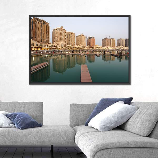 Residential Buildings And Empty Marina Canvas Wall Art-3 Horizontal-Gallery Wrap-25" x 16"-Tiaracle