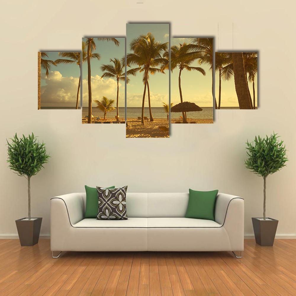 Retro Seaside View Canvas Wall Art-5 Star-Gallery Wrap-62" x 32"-Tiaracle