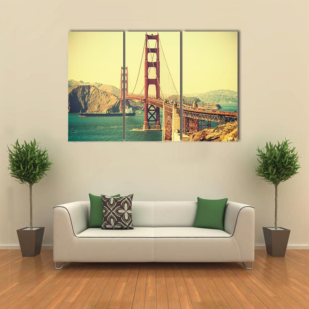 Retro Style Golden Gate Bridge Canvas Wall Art-3 Horizontal-Gallery Wrap-37" x 24"-Tiaracle