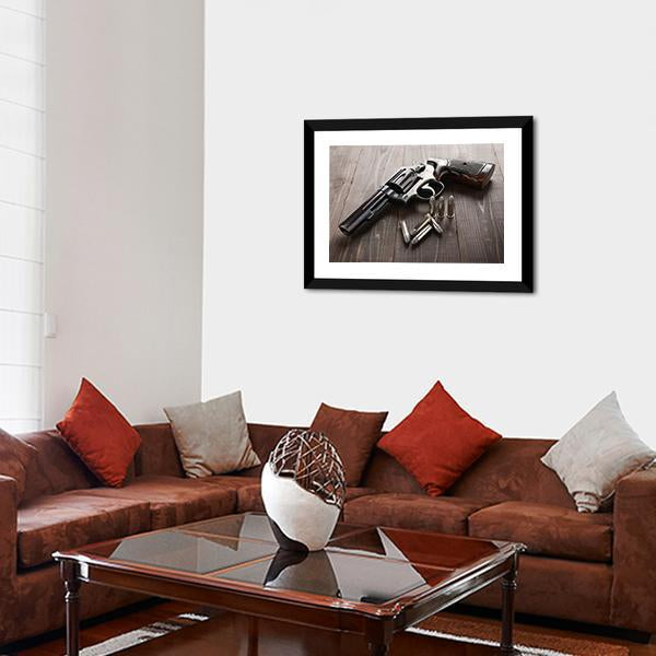 Revolver With Bullets Canvas Wall Art-3 Horizontal-Gallery Wrap-25" x 16"-Tiaracle