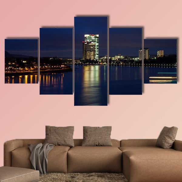 Rhine River At Night Canvas Wall Art-5 Star-Gallery Wrap-62" x 32"-Tiaracle