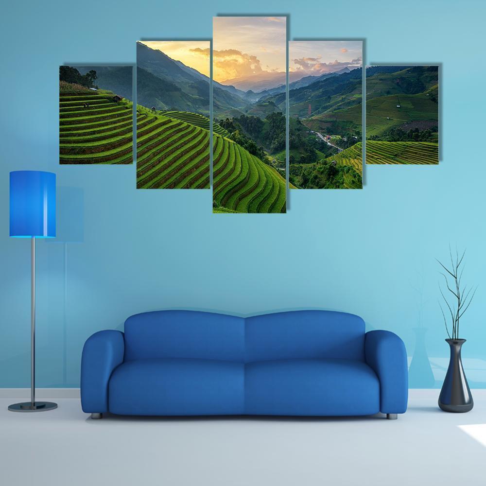 Rice Fields On Terrace In Rainy Season In Vietnam Canvas Wall Art-5 Star-Gallery Wrap-62" x 32"-Tiaracle