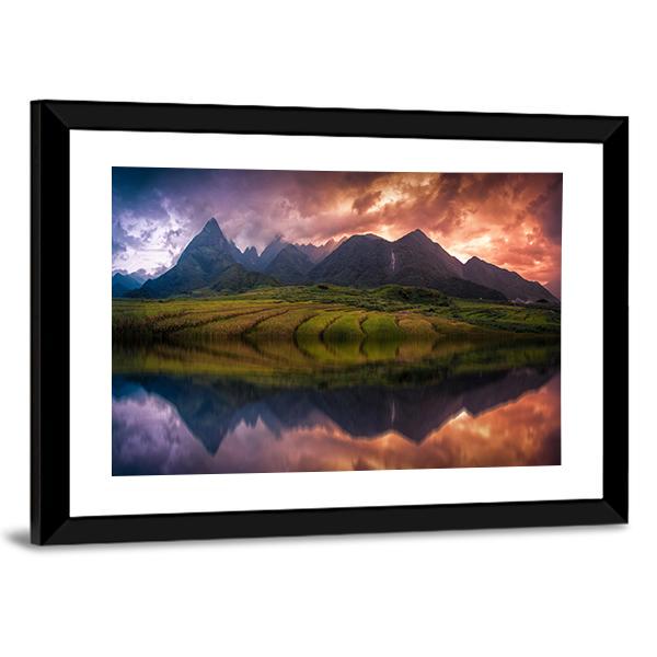 Rice Fields On Terraced With Mount Fansipan Canvas Wall Art-3 Horizontal-Gallery Wrap-25" x 16"-Tiaracle