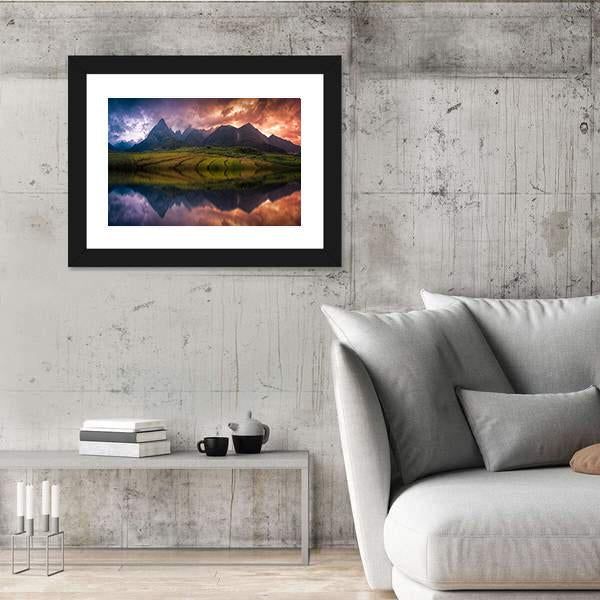 Rice Fields On Terraced With Mount Fansipan Canvas Wall Art-3 Horizontal-Gallery Wrap-25" x 16"-Tiaracle