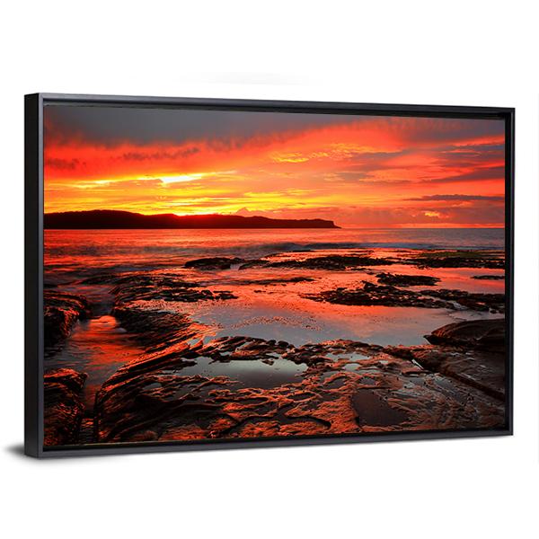 Rich Red Velvet Sunrise Over Pearl Beach Canvas Wall Art-3 Horizontal-Gallery Wrap-25" x 16"-Tiaracle