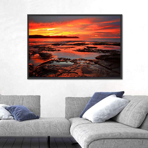 Rich Red Velvet Sunrise Over Pearl Beach Canvas Wall Art-3 Horizontal-Gallery Wrap-25" x 16"-Tiaracle