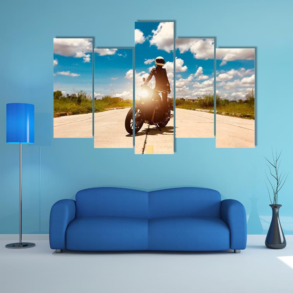 Rider On Motorcycle Canvas Wall Art-5 Pop-Gallery Wrap-47" x 32"-Tiaracle