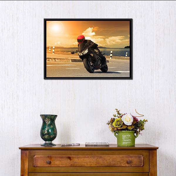 Rider With Rural Lake Canvas Wall Art-1 Piece-Floating Frame-24" x 16"-Tiaracle