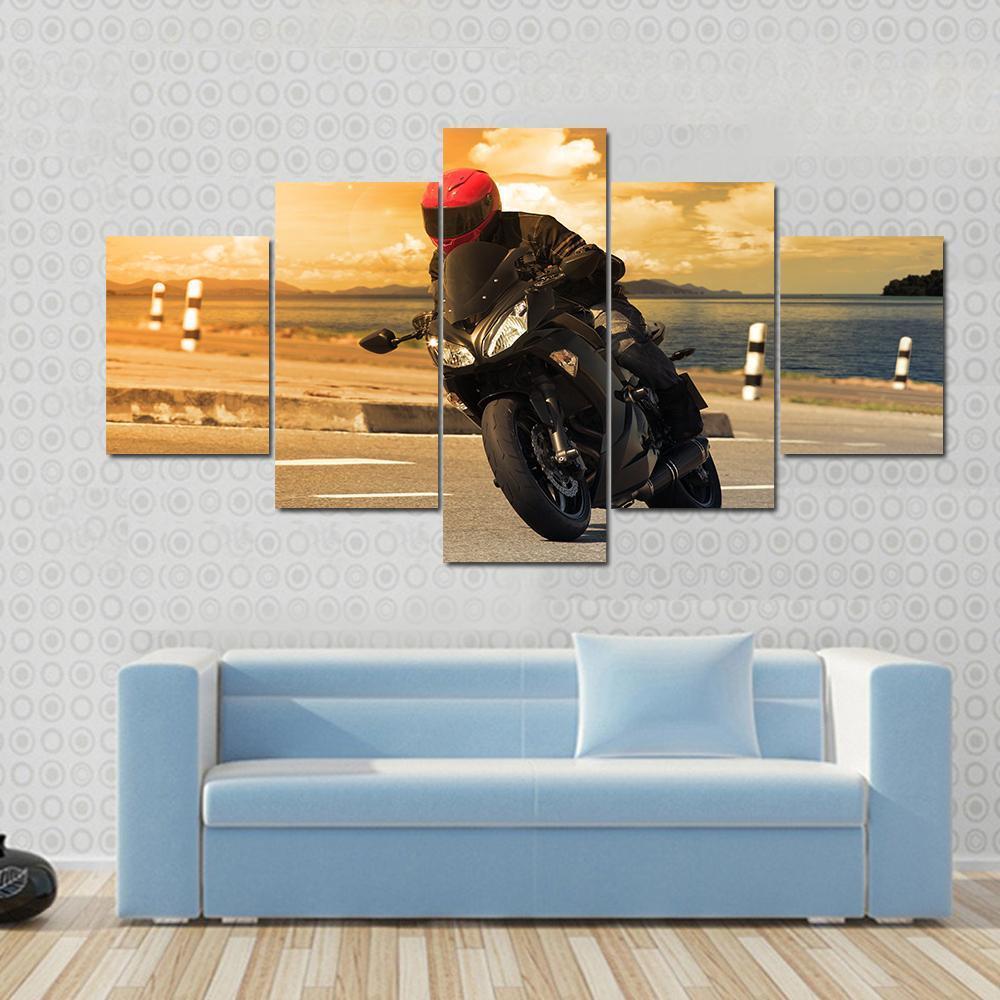 Rider With Rural Lake Canvas Wall Art-5 Star-Gallery Wrap-62" x 32"-Tiaracle