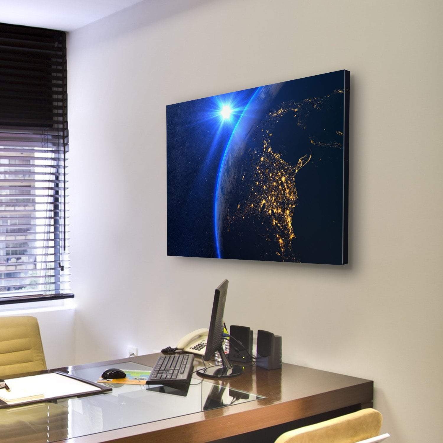 Rising Blue Sun On Planet Earth Canvas Wall Art-3 Horizontal-Gallery Wrap-25" x 16"-Tiaracle