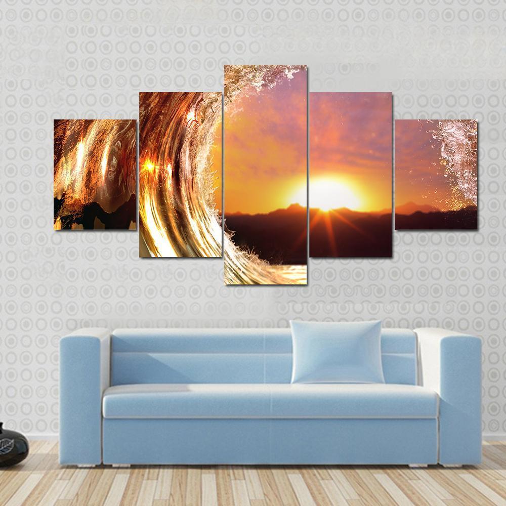Rising Sun Ocean Wave Canvas Wall Art-5 Star-Gallery Wrap-62" x 32"-Tiaracle