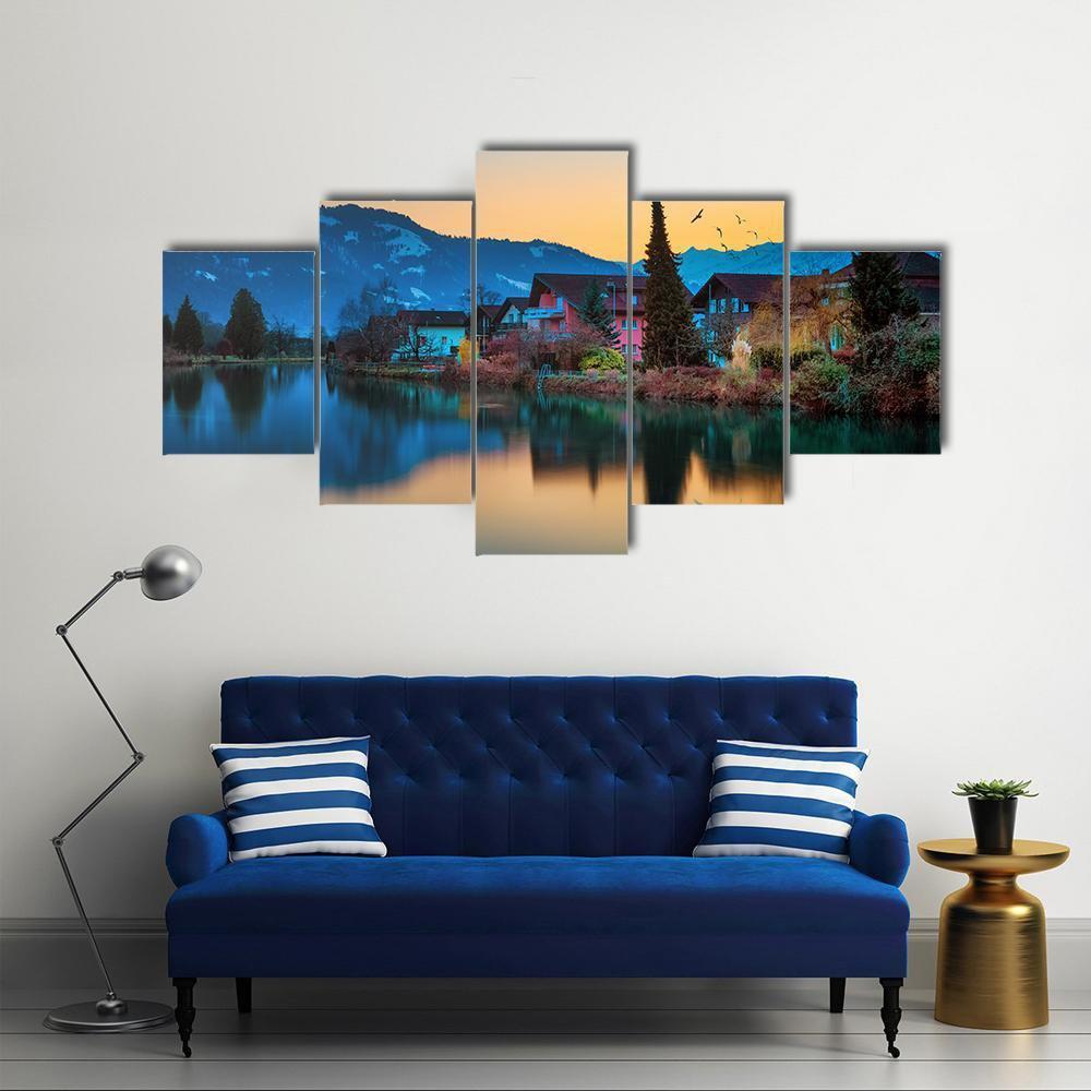 River And House To Interlaken Canvas Wall Art-5 Star-Gallery Wrap-62" x 32"-Tiaracle