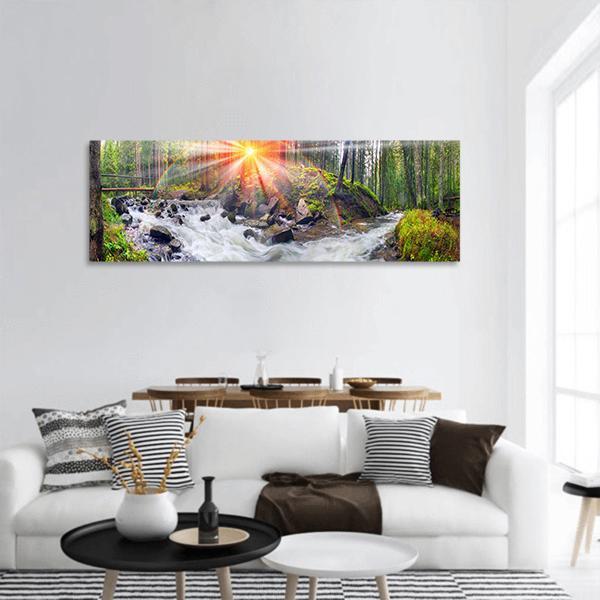 River At Sunrise In The Carpathian Forest Panoramic Canvas Wall Art-1 Piece-36" x 12"-Tiaracle