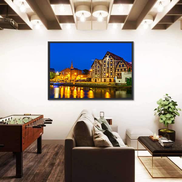 River Brda With Famous Granaries At Night Canvas Wall Art-3 Horizontal-Gallery Wrap-25" x 16"-Tiaracle