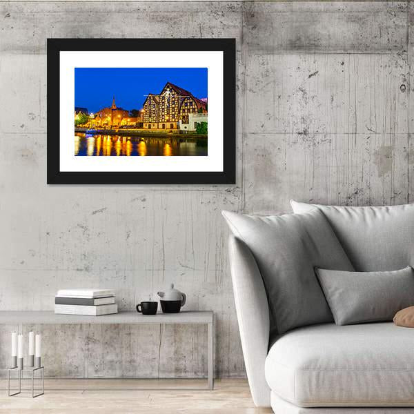 River Brda With Famous Granaries At Night Canvas Wall Art-3 Horizontal-Gallery Wrap-25" x 16"-Tiaracle