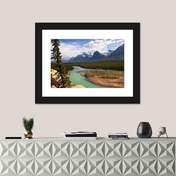 River Flowing At Foot Of Canadian Rockies Canvas Wall Art-1 Piece-Framed Print-20" x 16"-Tiaracle