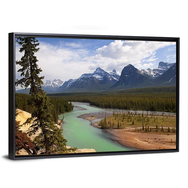 River Flowing At Foot Of Canadian Rockies Canvas Wall Art-3 Horizontal-Gallery Wrap-25" x 16"-Tiaracle
