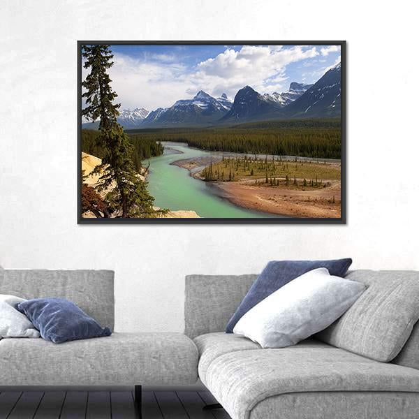 River Flowing At Foot Of Canadian Rockies Canvas Wall Art-3 Horizontal-Gallery Wrap-25" x 16"-Tiaracle