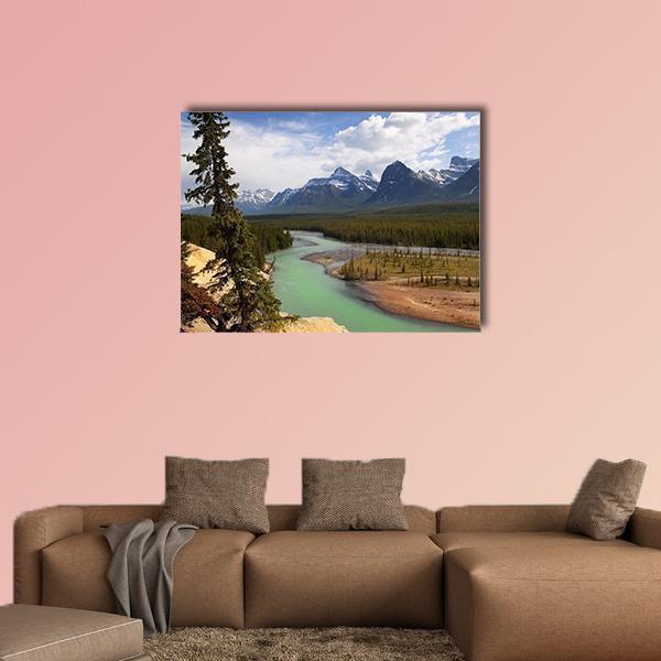 River Flowing At Foot Of Canadian Rockies Canvas Wall Art-1 Piece-Gallery Wrap-48" x 32"-Tiaracle