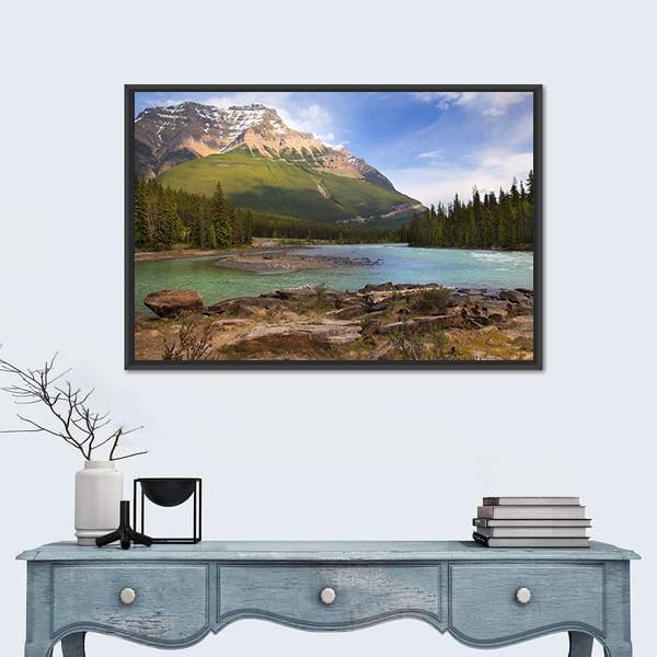 River Flowing In Canadian Rockies Canvas Wall Art-1 Piece-Floating Frame-24" x 16"-Tiaracle
