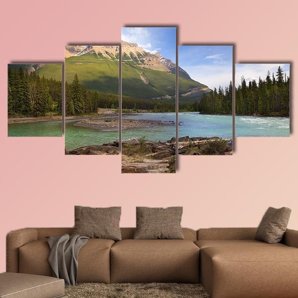River Flowing In Canadian Rockies Canvas Wall Art-5 Star-Gallery Wrap-62" x 32"-Tiaracle