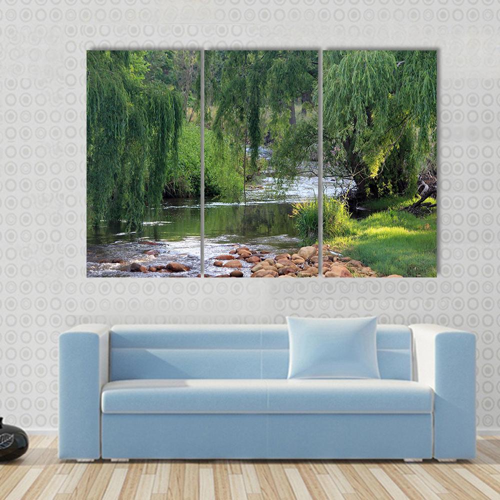 River Flowing Past Willow Trees Canvas Wall Art-3 Horizontal-Gallery Wrap-37" x 24"-Tiaracle