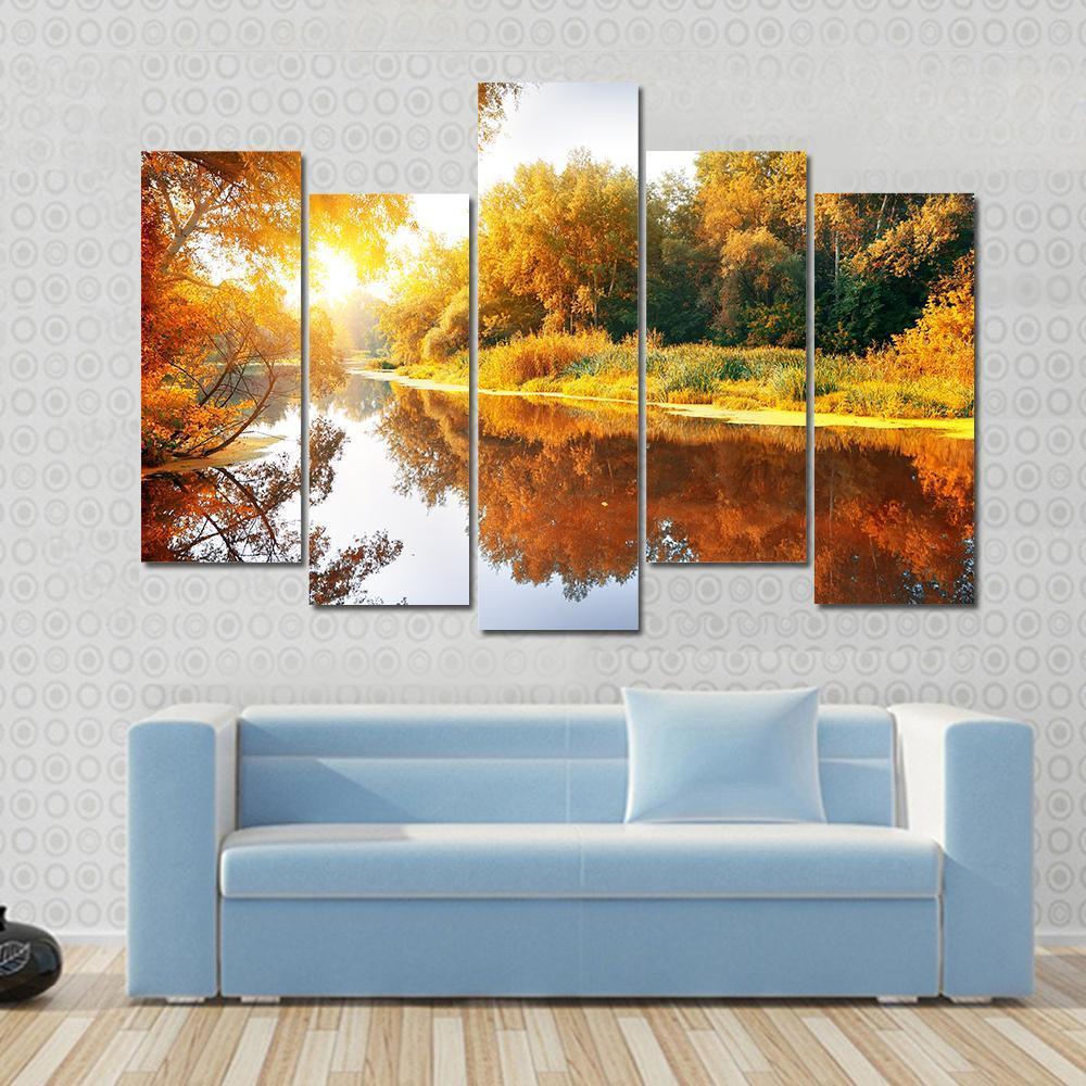 River In A Delightful Autumn Forest At Sunny Day Canvas Wall Art-5 Pop-Gallery Wrap-47" x 32"-Tiaracle