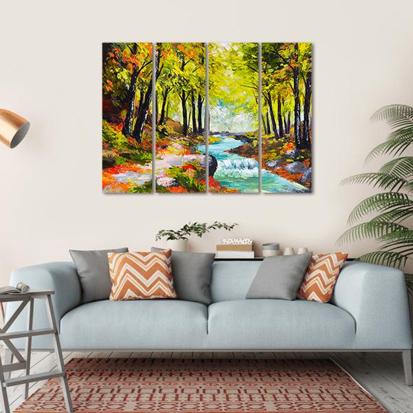River In Autumn Forest Canvas Wall Art-4 Horizontal-Gallery Wrap-34" x 24"-Tiaracle