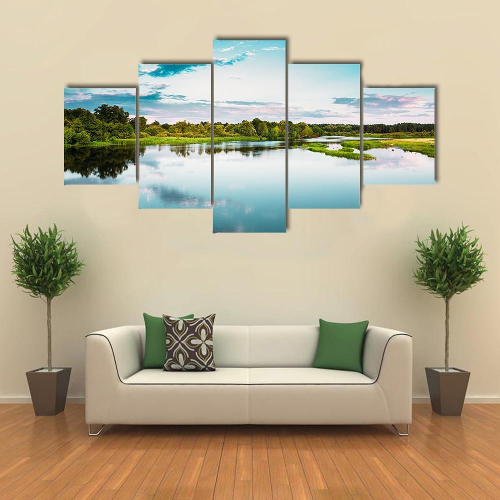 River Landscape In Belarus Canvas Wall Art-5 Star-Gallery Wrap-62" x 32"-Tiaracle