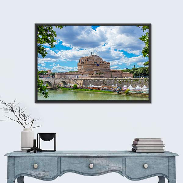 River Tiber And Castel Sant Angelo Canvas Wall Art-1 Piece-Floating Frame-24" x 16"-Tiaracle