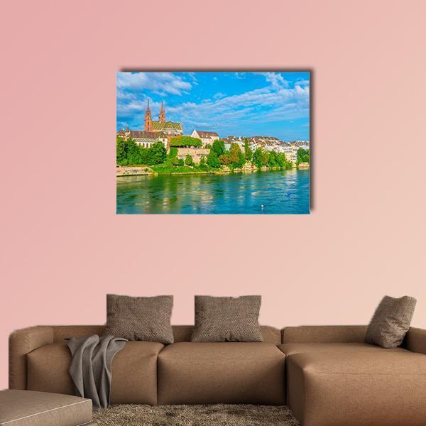 Riverside Of Rhine In Basel Canvas Wall Art-1 Piece-Gallery Wrap-48" x 32"-Tiaracle